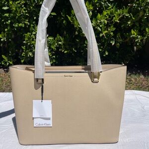 Calvin Klein Cream Tote Bag Leather New  Gold Accent Neutral Modern Shoulder Bag